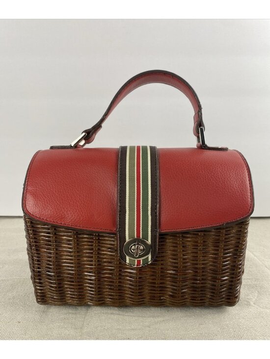 Unbranded Handbags - VTG Leather & Wicker Rattan Picnic Basket Purse Woven Handbag Red Check Fabric